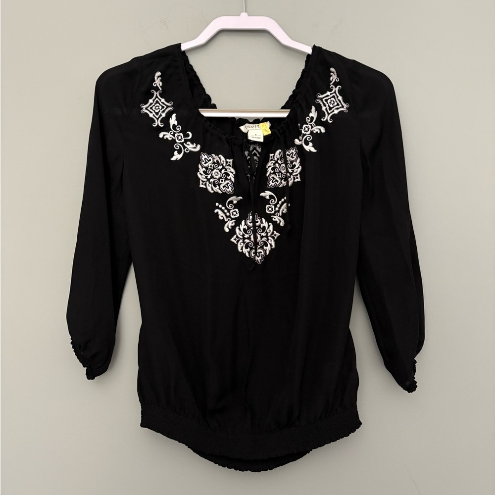 WHBM Black Silk Peasant Blouse with White Embroidery Size S